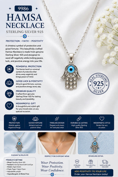 925 Evil Eye Sterling Silver Hamsa Necklace #9986