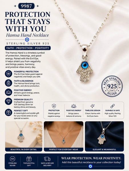 925 Evil Eye Sterling Silver Hamsa Necklace #9987