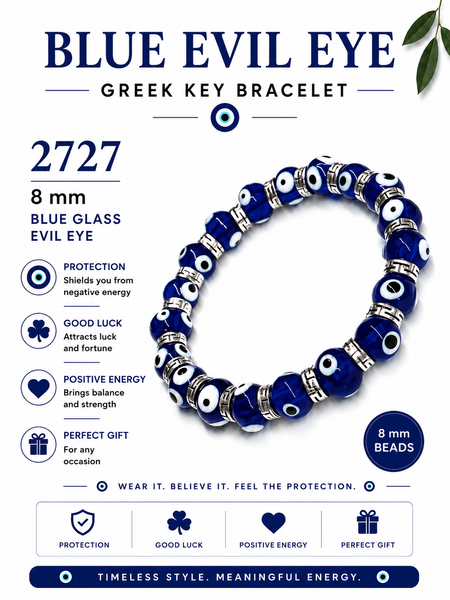8 mm Blue Glass Evil Eye Greek Key Bracelet #2727