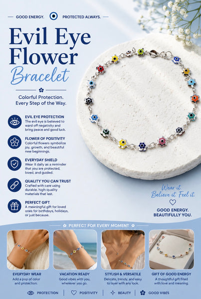 925 Sterling Silver  Mini Flower Evil Eye Charm Bracelet #9050