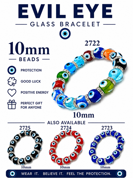 10mm Glass Evil Eye bracelet #2722-2725