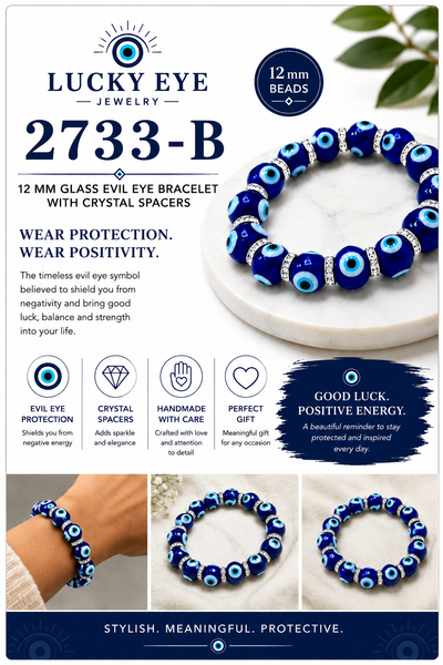 12 mm Glass Evil Eye bracelet with crystal spacers #2733-B