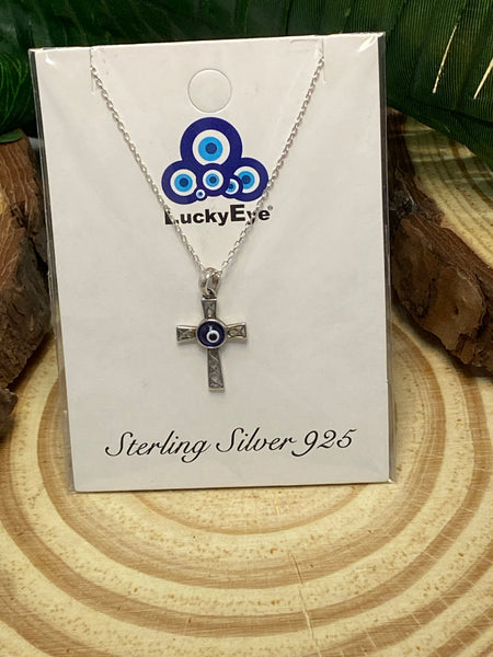 925 Sterling Silver Cross Evil Eye Necklace #9607