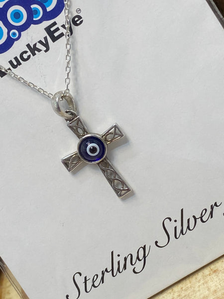 925 Sterling Silver Cross Evil Eye Necklace #9607