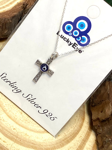 925 Sterling Silver Cross Evil Eye Necklace #9607