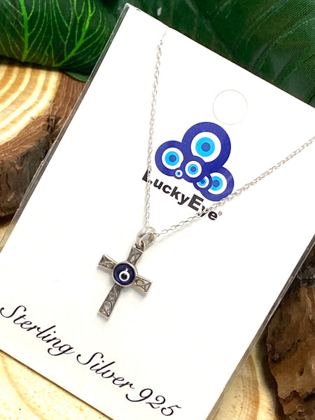 925 Sterling Silver Cross Evil Eye Necklace #9607