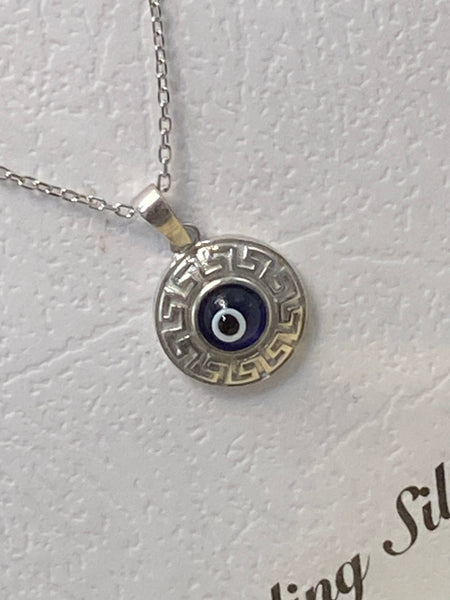 925 Sterling Silver Greek Knots Evil Eye Necklace #9601
