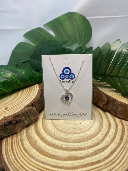 925 Sterling Silver Heart Evil Eye Necklace #9603