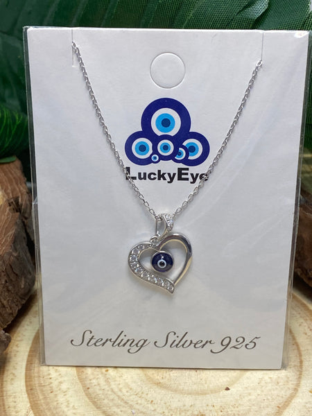 925 Sterling Silver Heart Evil Eye Necklace #9603