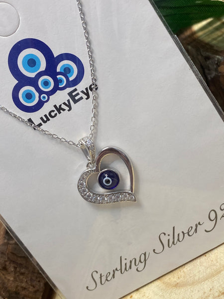 925 Sterling Silver Heart Evil Eye Necklace #9603