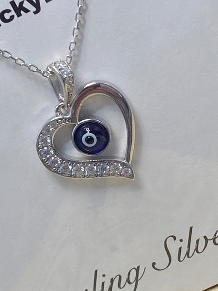 925 Sterling Silver Heart Evil Eye Necklace #9603