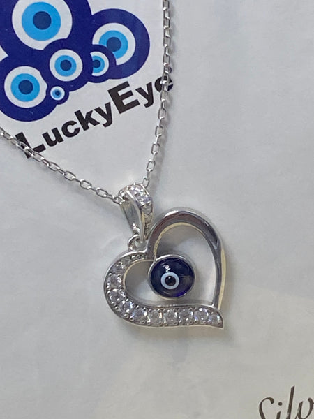 925 Sterling Silver Heart Evil Eye Necklace #9603