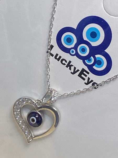 925 Sterling Silver Heart Evil Eye Necklace #9603