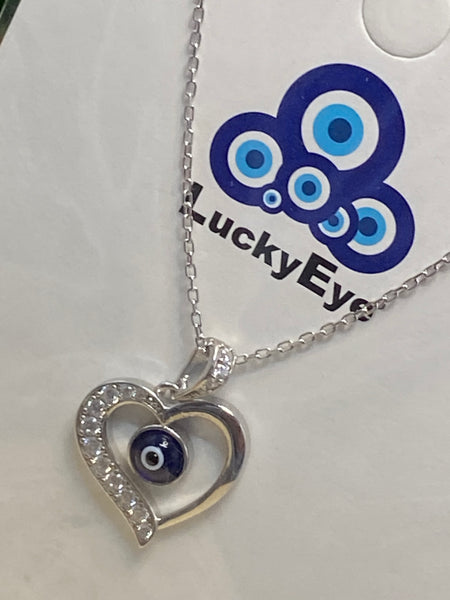 925 Sterling Silver Heart Evil Eye Necklace #9603