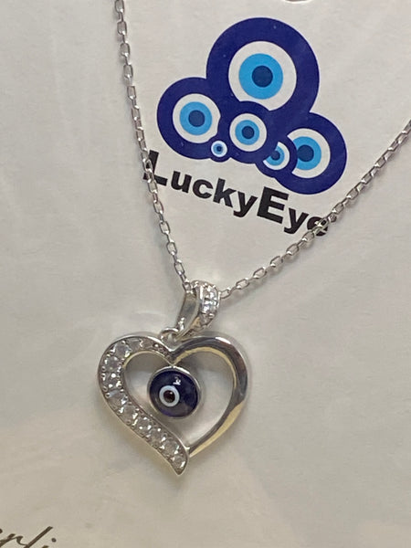925 Sterling Silver Heart Evil Eye Necklace #9603