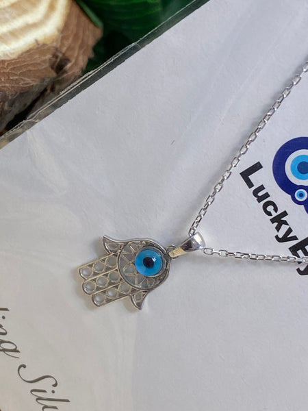 925 Evil Eye Sterling Silver Hamsa Necklace #9986