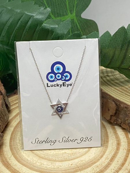 925 Sterling Silver Star of Davil Evil Eye Necklace #9524