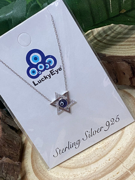 925 Sterling Silver Star of Davil Evil Eye Necklace #9524