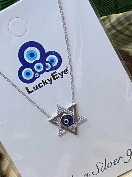 925 Sterling Silver Star of Davil Evil Eye Necklace #9524