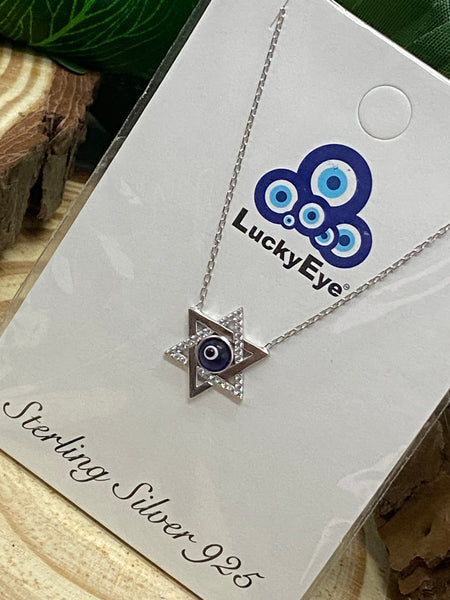 925 Sterling Silver Star of Davil Evil Eye Necklace #9524