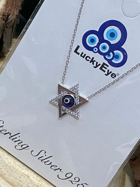 925 Sterling Silver Star of Davil Evil Eye Necklace #9524