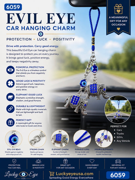 Evil Eye Blue Crystal Elephant Car Hanging Accessory #6059