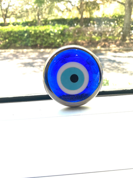 Blue Glass Silver Trim  Evil Eye Without Hole #5417