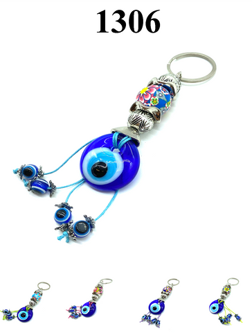 Evil Eye  Fimo bead flower design with glass eye and dangling eyes key chain #1306