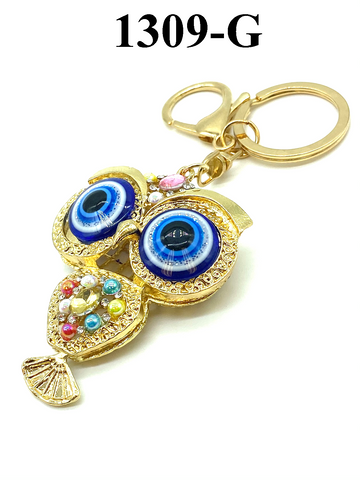 Evil Eye Owl Gold and Silver Key Chain with Dangle Tail #1309