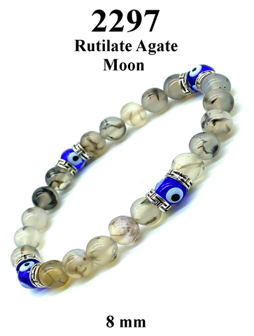 Natural Rutilate Agate Moon 8mm Bead Evil Eye Bracelet #2297