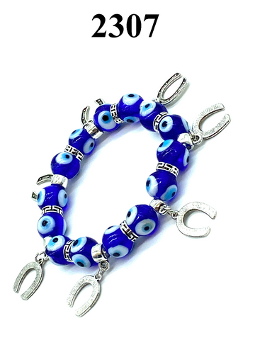 Evil Eye bracelet with blue  eyes and horseshoe charms #2307