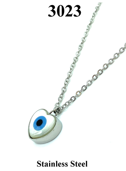 Evil Eye Stainles steel Hearts Mother of pearl Necklace #3023