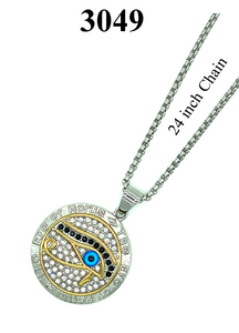 Stainless Steel Crystal Medallion  Evil Eye Necklace #3049