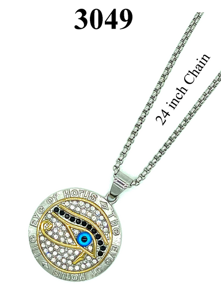 Stainless Steel Crystal Medallion  Evil Eye Necklace #3049