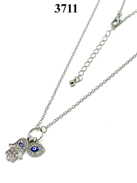 Silver Hamsa Hand & Evil Eye Necklace #3711