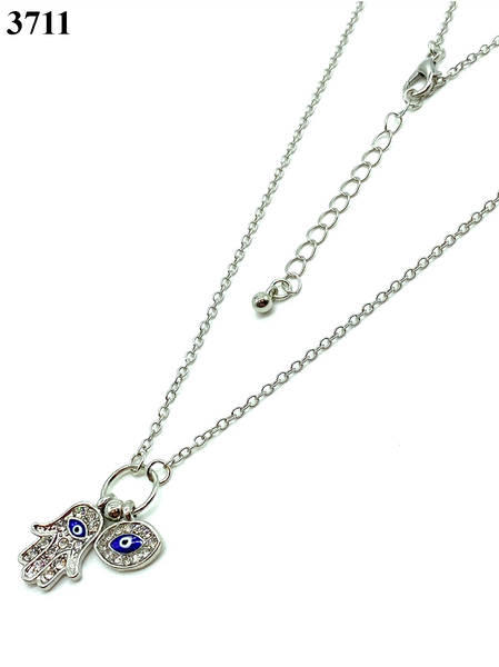 Silver Hamsa Hand & Evil Eye Necklace #3711