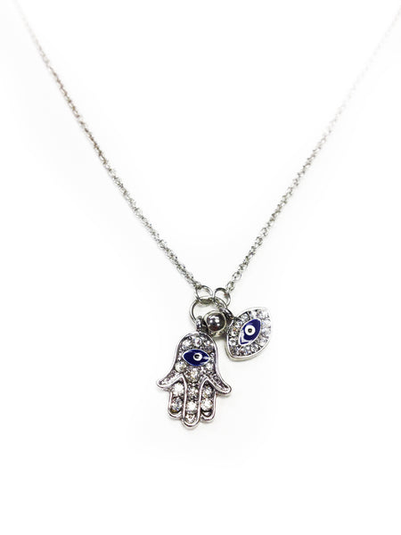 Silver Hamsa Hand & Evil Eye Necklace #3711