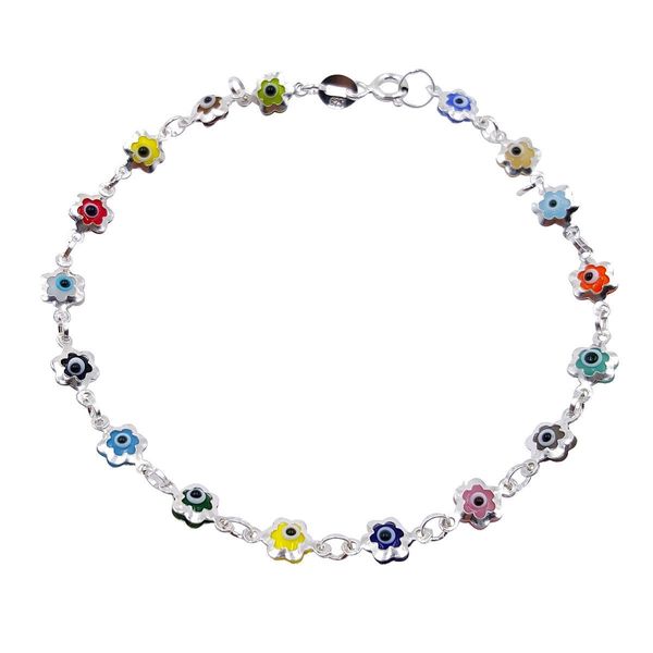 925 Sterling Silver  Mini Flower Evil Eye Charm Bracelet #9050