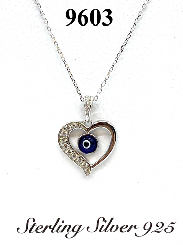 925 Sterling Silver Heart Evil Eye Necklace #9603