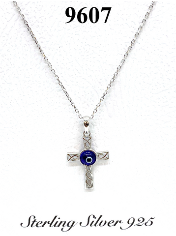 925 Sterling Silver Cross Evil Eye Necklace #9607