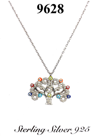 925 Sterling Silver Tree of  Life Evil Eye Necklace #9628