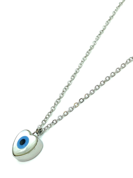Evil Eye Stainles steel Hearts Mother of pearl Necklace #3023