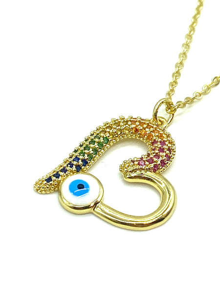 Colorful Crystal  Heart Evil Eye Necklace #3813