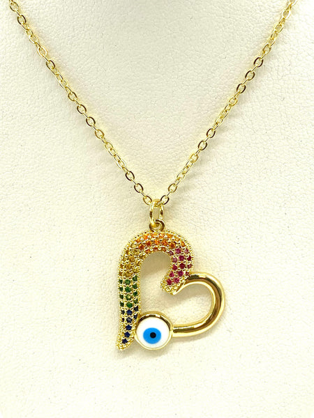 Colorful Crystal  Heart Evil Eye Necklace #3813