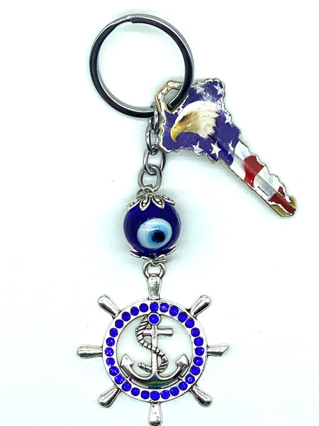 Lucky Evil Eye Keychain with Ships Wheel and Anchor Medallion #1327