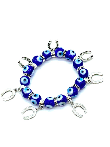 Evil Eye bracelet with blue  eyes and horseshoe charms #2307