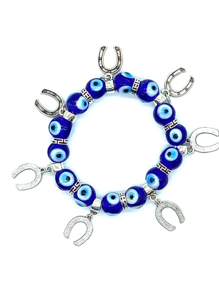 Evil Eye bracelet with blue  eyes and horseshoe charms #2307
