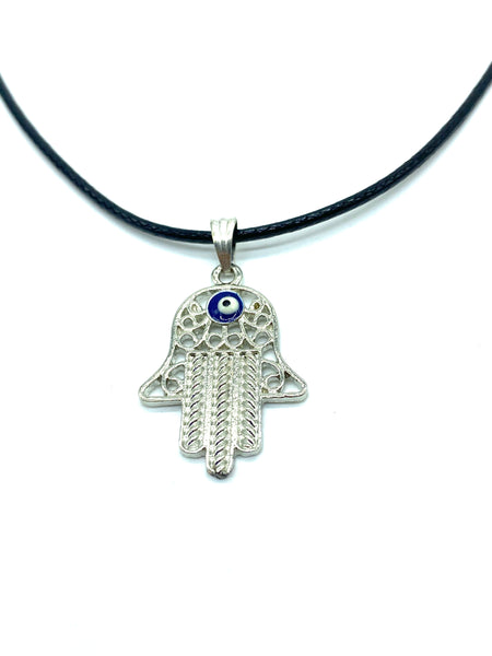 Silver Adjustable Hamsa Evil Eye Necklace #3062