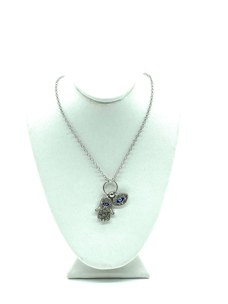 Silver Hamsa Hand & Evil Eye Necklace #3711