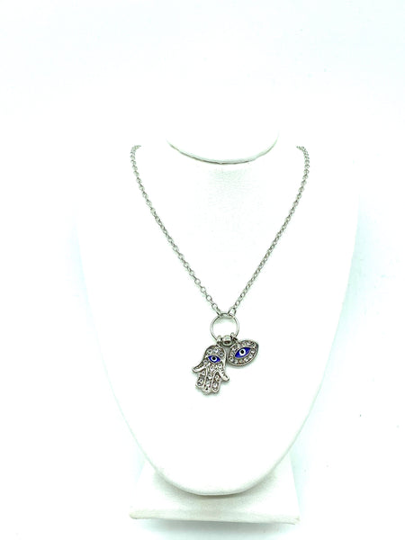 Silver Hamsa Hand & Evil Eye Necklace #3711